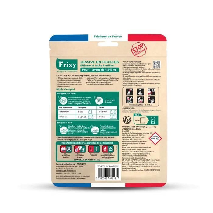 Frixy - Pack 7 sachets (140 lavages) - Feuilles de Lessive hydrosolubles parfum forêt (Sachet de 20 Feuilles) - Fabriqué en France