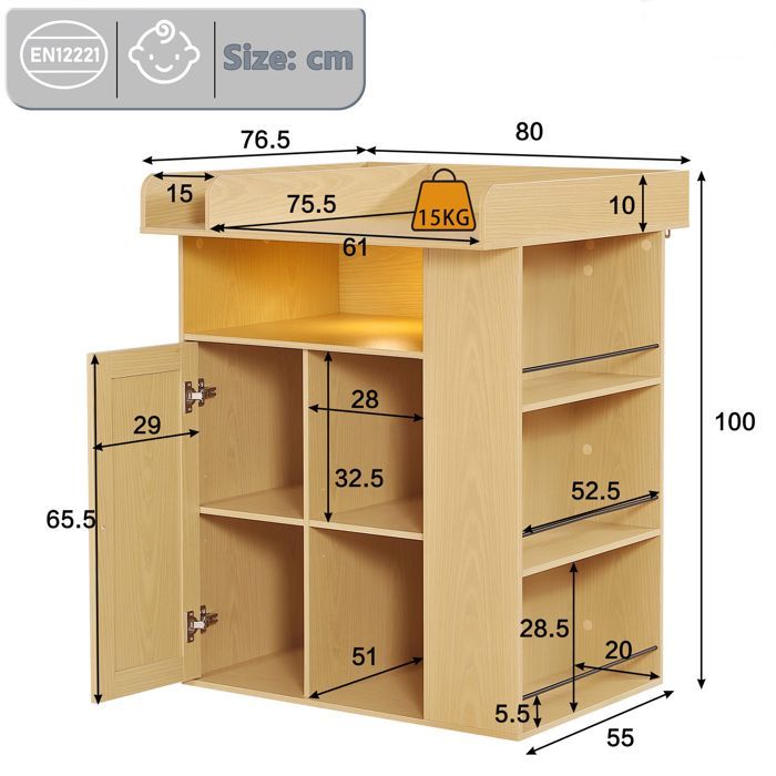 Commode à langer en bois - Éclairage LED réglable - Espace à langer avec cloison - Rangement généreux