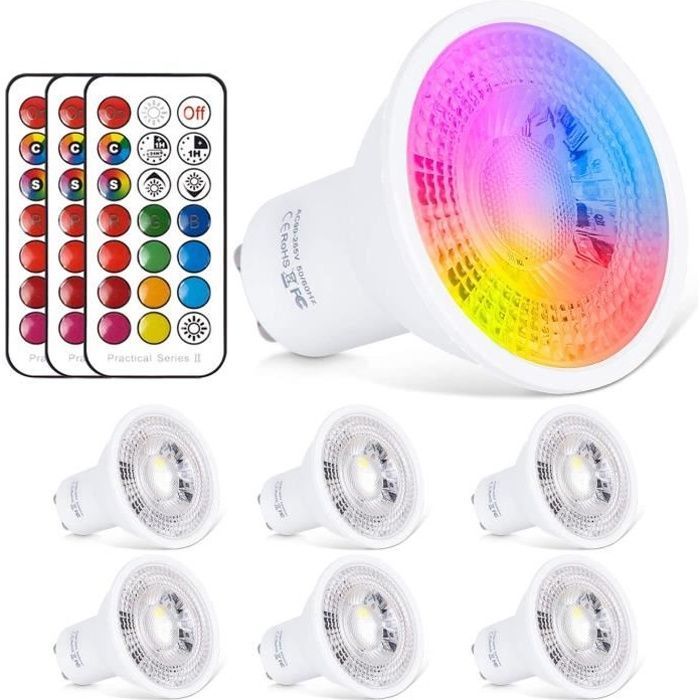 GU10 LED-spotlampen 6W, kleurverandering RGBW, dimbaar met afstandsbediening, RGB warm wit (verpakking van 6)