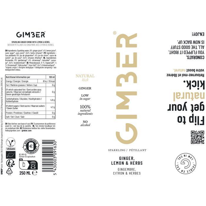 Gimber - Original - Listo para beber - Lata - Jengibre, limón y hierbas - 12 x 250 ml