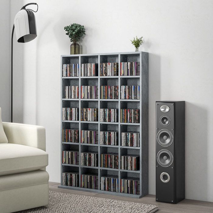 Mueble multimedia para 456 CD/336 DVD - HOMCOM - estantería de madera con baldas ajustables - 89 x 130,5 cm - gris