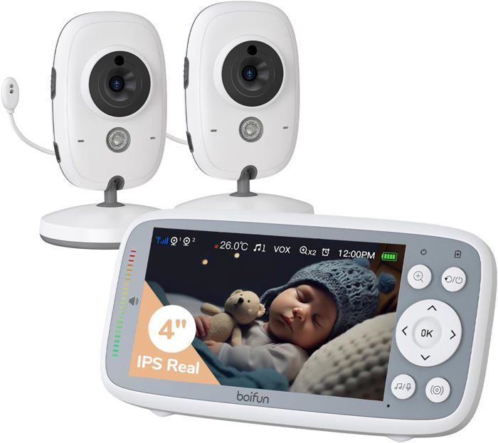 4”Babyphone 2 Cameras,Camera Bebe 720P Véritable Ips,Zoom 3X,Vision Nocturne Infrarouge Invisible,Barre De Volume,Pas De Wifi