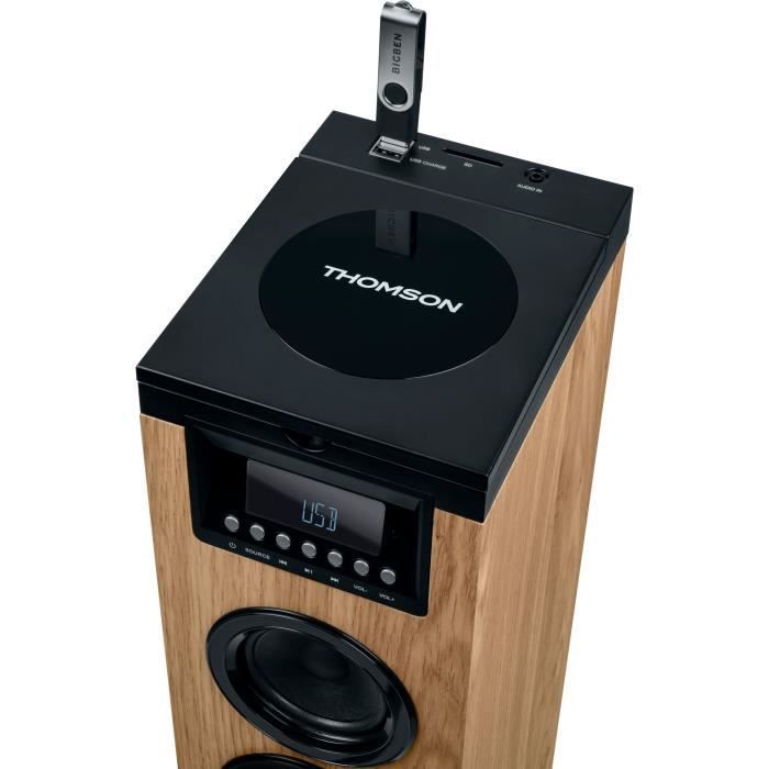 Altavoz de torre THOMSON - Negro/Madera - Bluetooth/CD/USB/SD, 60W, Radio FM, Control remoto, Fuente de alimentación de 230V