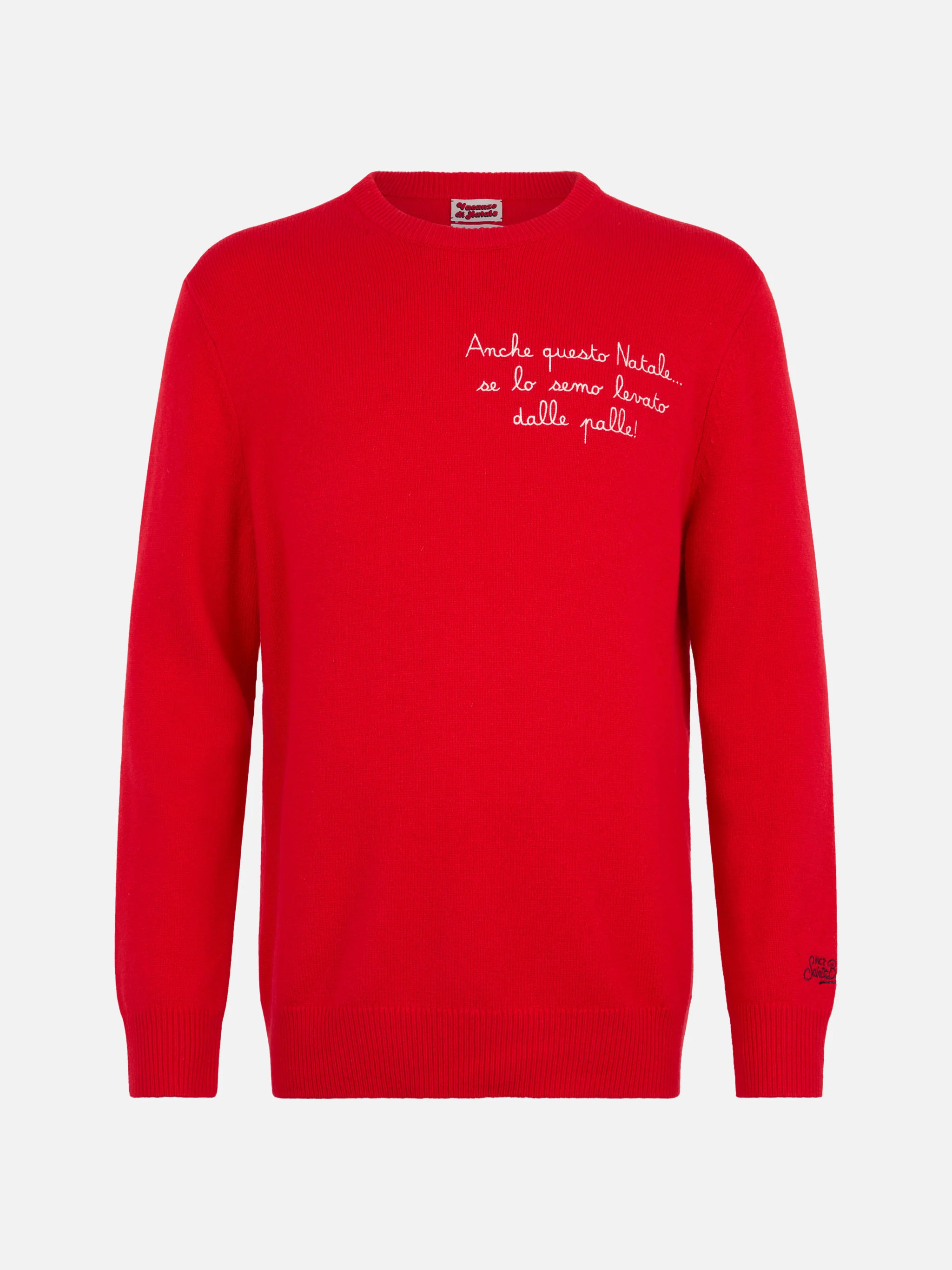 Heren Heron Trui met Ronde Hals | Rood | Feestelijke borduursels | Normale pasvorm | Wol-kasjmier mix | MC2 Saint Barth VACANZE DI NATALE SPECIAL EDITION