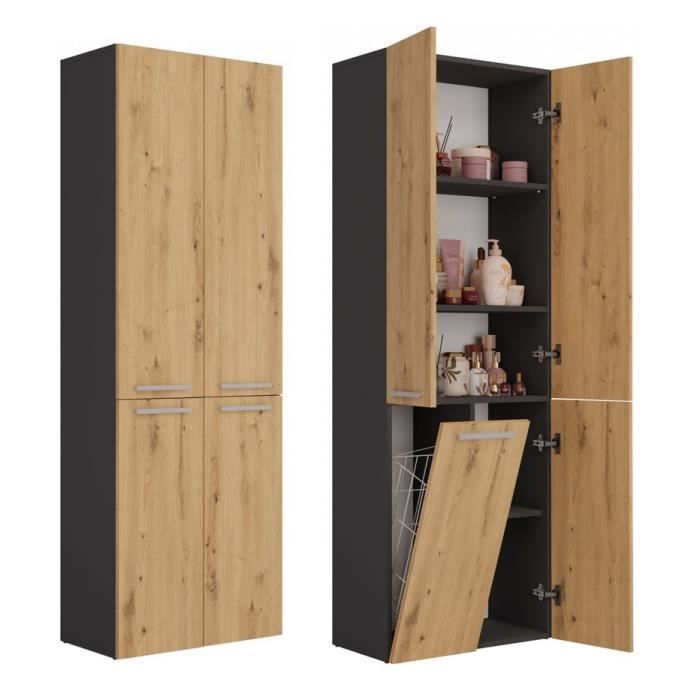 RORY - Armoire de salle de bain avec panier - Dimensions 174x60x30 - Meuble de rangement salle de bain espace buanderie