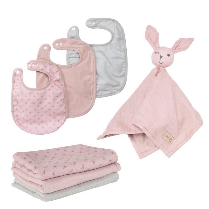 ROBA Coffret Bébé Lil Planet - 7 PCS - 3 Bavoirs + 1 Doudou + 3 Langes - Cadeau de Naissance - Rose / Gris