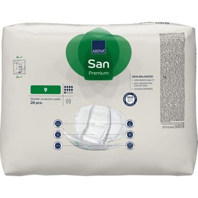Abena San Premium 360 noplūdes barjeras, 9 nesaturēšanas ieliktņi, anatomiska forma, 28 vienības.