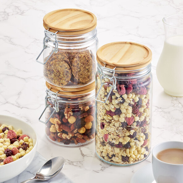 Glass storage containers M, bamboo lids, with wire bail closure, silver