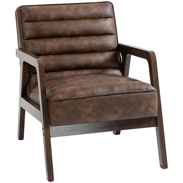 Sillón - HOMCOM - asiento ancho, cojín grueso y estructura de madera maciza - para salón, dormitorio, rincones de lectura - PU - marrón
