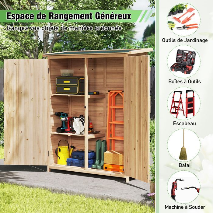 Caseta de jardín exterior de madera maciza COSTWAY de 140x51x163 cm - Techo inclinado de asfalto - Estantes extraíbles y puertas con cerradura