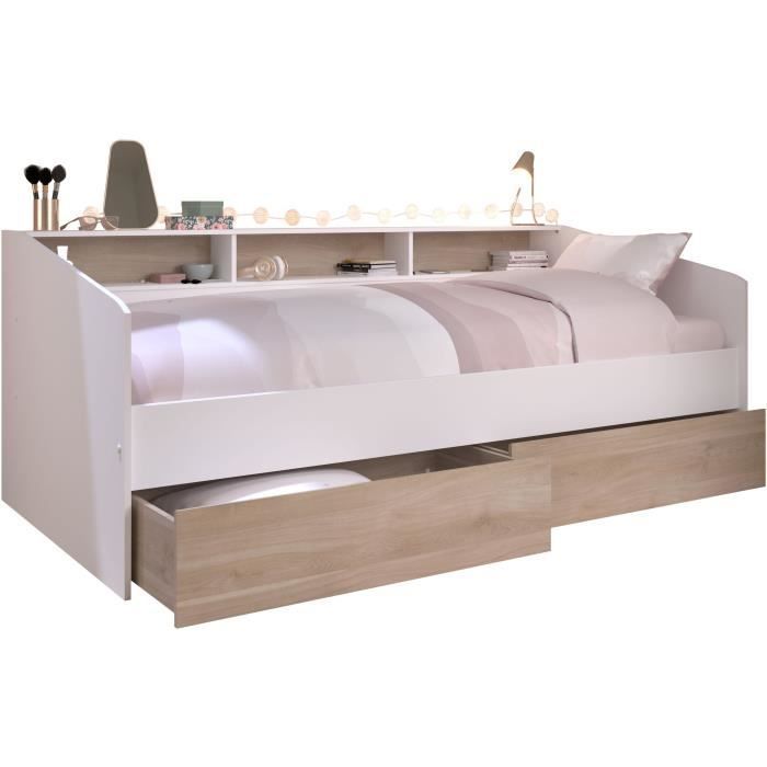 Divano letto con 2 cassetti, 90 x 200/190 cm - MDF - Finitura rovere opaco e bianco - JOY - 2339ENSE
