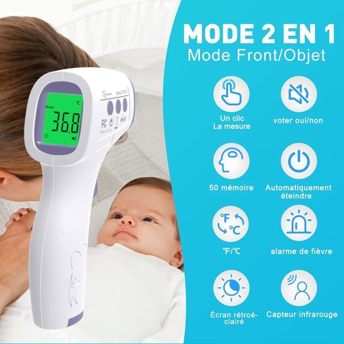 Termómetro de frente para adultos, termómetro infrarrojo para niños, termómetro digital sin contacto, pantalla LCD, función de memoria.