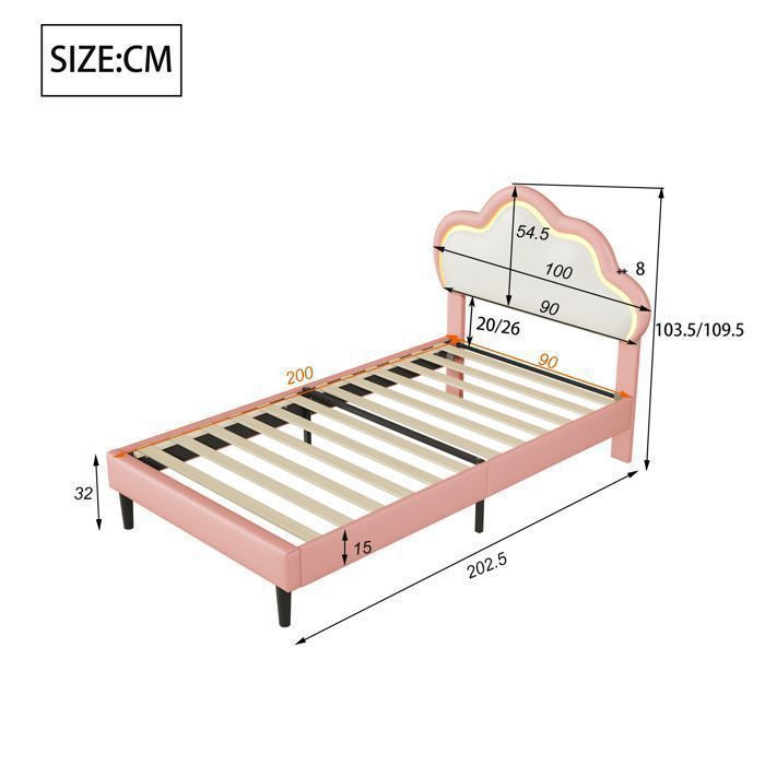 Lit pour enfant 90x200 cm, Lit capitonné avec LED, Cadre de lit pour fille, lit princesse avec sommier à lattes, pu, rose