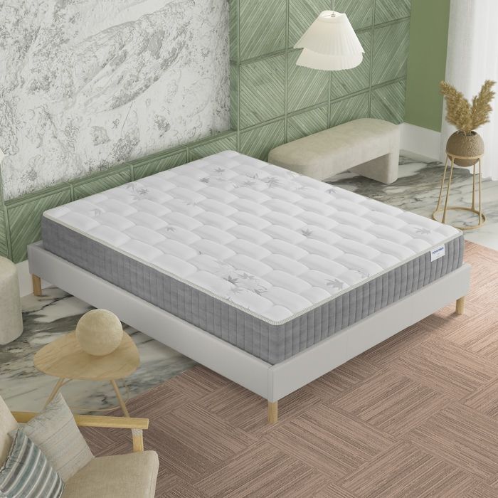 Colchón y base de cama (140x200cm) - Galicia. Muelles ensacados y espuma viscoelástica, 25cm de grosor + Base de cama de madera estable, tejido blanco.