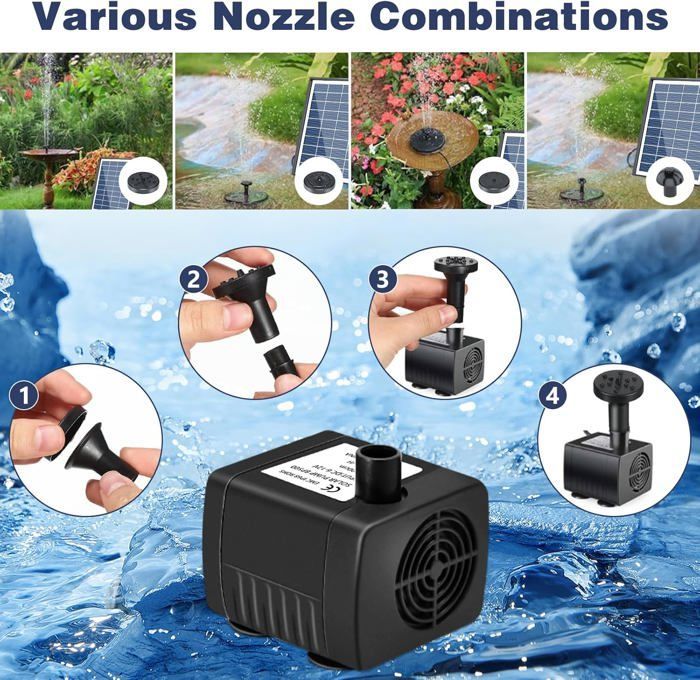 Fontaine Solaire Extérieure de Jardin, 6,5W Pompe Solaire Bassin Exterieur, Solaire Flottant Extérieur Fontaine avec 9 Buse