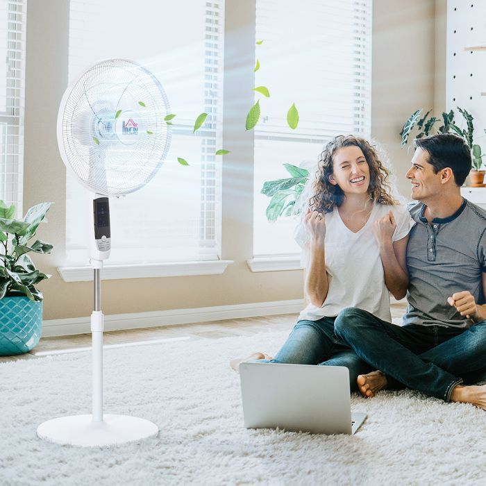 Ventilador de pedestal potente - HOMCOM - altura regulable - mando a distancia, 3 velocidades, oscilación y temporizador - Blanco