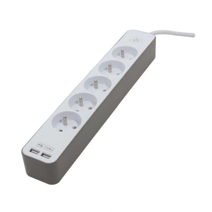 CHACON 5-outlet power strip, 16A, with 2 USB ports and 1.5m cable HO5VV-F 3x1.5mm² white and brown