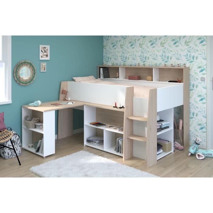 Cama infantil combinada PARISOT con escritorio retráctil - Acabado en blanco y roble - 90 x 200 cm - Base de láminas incluida - THEO