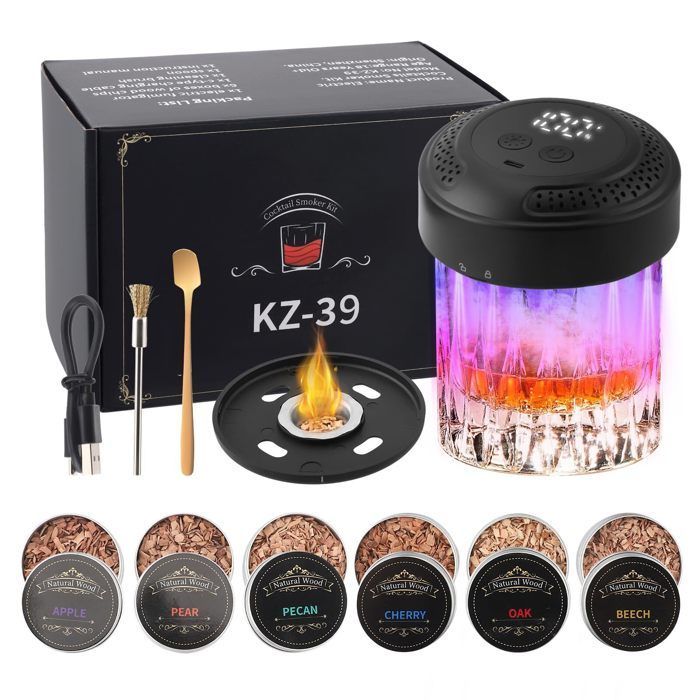 Kit ahumador eléctrico de whisky de estilo vintage, recargable por USB-C, con 6 fichas de madera, pantalla digital e iluminación ambiental.