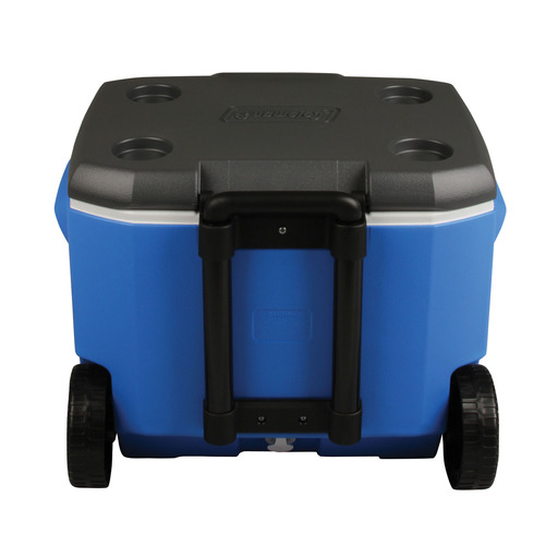 60 qt (56 l) čierno-modrý pevný chladiaci box s kolieskami