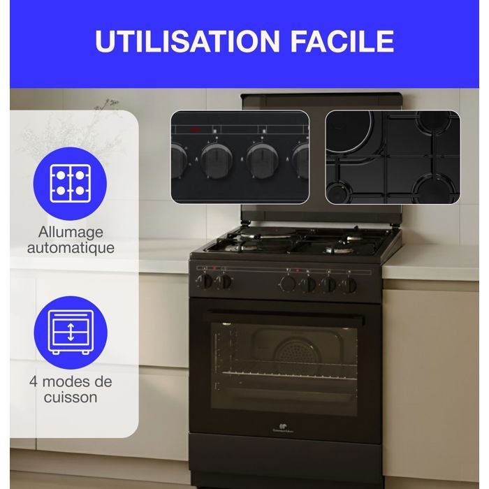 Cuisinière mixte CONTINENTAL EDISON CECM60FCB - 3 feux gaz + 1 électrique - L59,8 x P61 xH83 cm - Noir