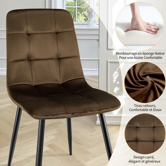 WAFTING Set of 4 Dining Chairs, Velvet Kitchen Chairs with Metal Legs - Brown