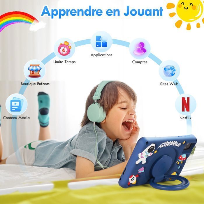 Tablet per bambini da 7 pollici, Android 13, 8 GB di RAM, 64 GB di ROM, Octa-Core, batteria da 5800 mAh, controlli parentali, con custodia a prova di bambino - Blu