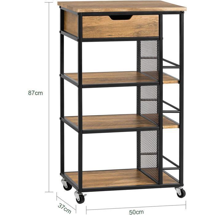 SoBuy Rolling Kitchen Trolley with 1 Drawer, 3 Shelves, Side Shelves and 4 Casters, 50x37x87cm
