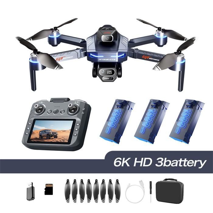 Dron con cámara HD, pantalla de control remoto, sistema para evitar obstáculos, motor sin escobillas y 3 baterías.