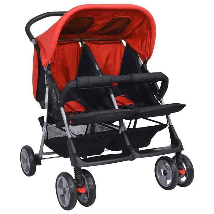 Double stroller - vidaXL - Steel - Red and black - Adjustable backrest - Lockable wheels