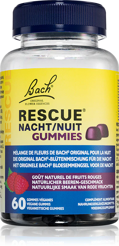 Suplemento alimentar noturno em gomas RESCUE® dos Florais de Bach®, com adoçantes, em formato de ursinhos com extratos vegetais.