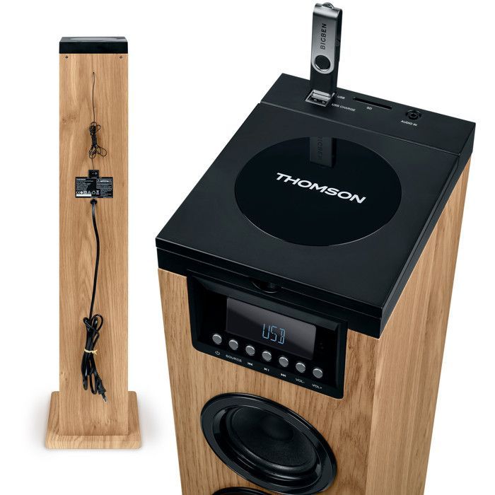 Tour de son Thomson DS122CD - 60W - Hifi Bluetooth, Lecteur CD, télécommande, AUX IN, RADIO FM - Bois/Noir, Bagues LED inclus