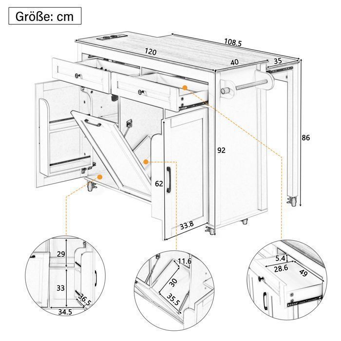 Îlot de Cuisine Mobile sur Roulettes - Zone de Repas Extensible, Plan de Travail, Compartiment pour Poubelle (Blanc)