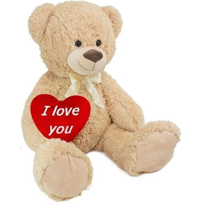 BRUBAKER Gigantische XXL Pluche Beer - 100 cm - Beige - Inclusief pluche hartje met de tekst 'I Love You'