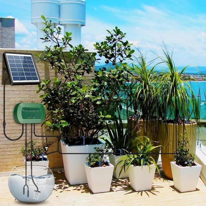 KENLUMO Kit système d'irrigation Goutte à Goutte Automatique énergie Solaire,12 modes de chronométrage Avec Tuyau de 15M pour