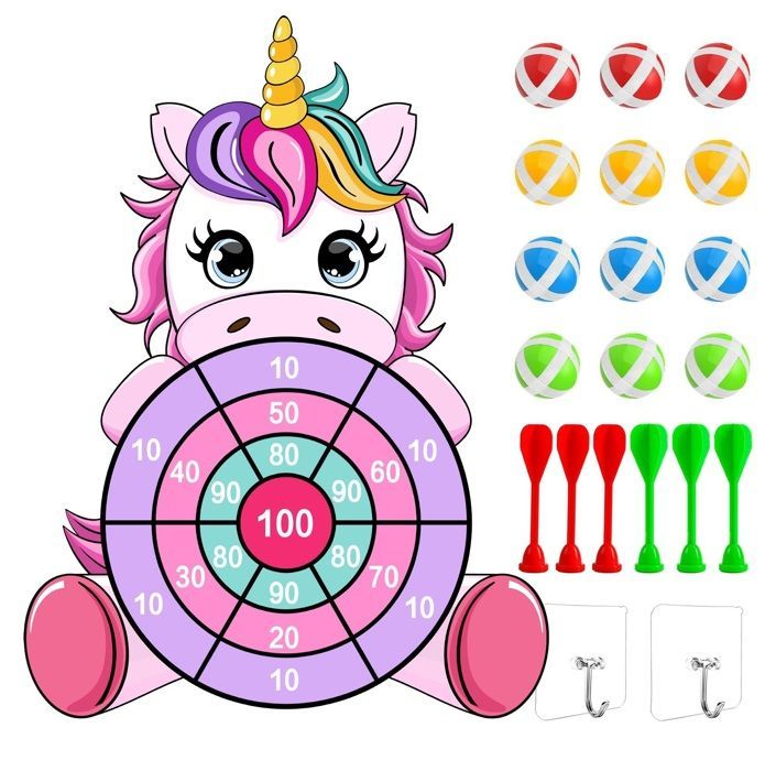 Dartbord in de vorm van een eenhoorn, speelgoed voor kinderen van 3-9 jaar met 12 plakballen en 6 darts, geschikt voor binnen en buiten.