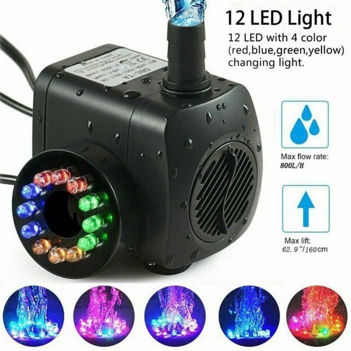 15W fountain pump with a flow rate of 800L/h and 12 integrated LEDs, ideal for ponds and gardens.