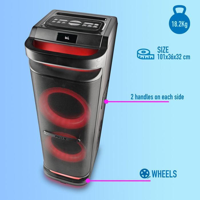 NGS WILD SPACE 3: Caixa de Som para Festas de 4000W com Bluetooth/TWS, USB/AUX, LED, alças e 2 entradas para microfone.