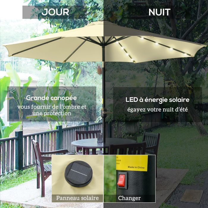 Parasol de jardin extérieur - Outsunny - rond, lumières led solaires, manivelle inclinable, 8 baleines - Ø 265 x 233 cm - beige