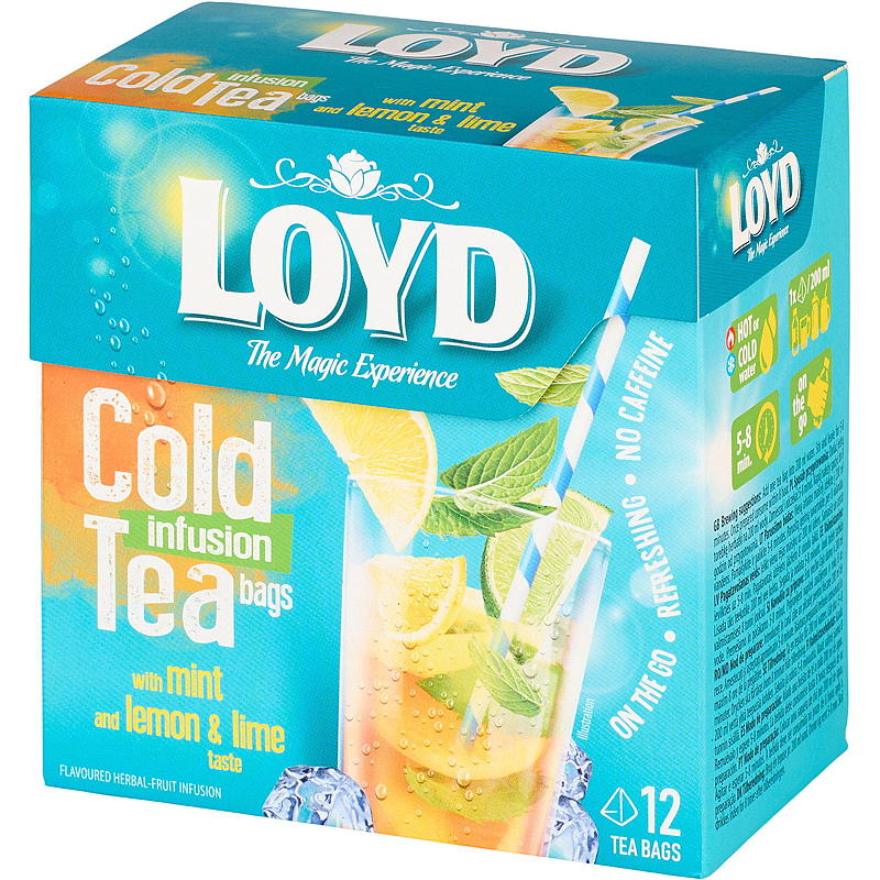 Bolsitas de té helado Loyd, paquete de 12 unidades, sabor limón/lima/menta.