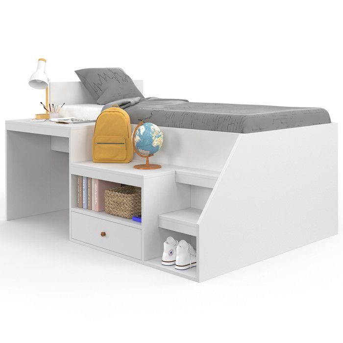 IDMARKET LEOPOLD 90 x 190 cm White Combination Bed with Slatted Base, Desk and Storage