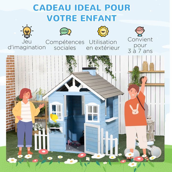 Cabane de jeu pour enfant maison de jardin en bois porte et fenêtres de 3 à 7 ans dim. 151L x 112.5l x 142H cm bleu |