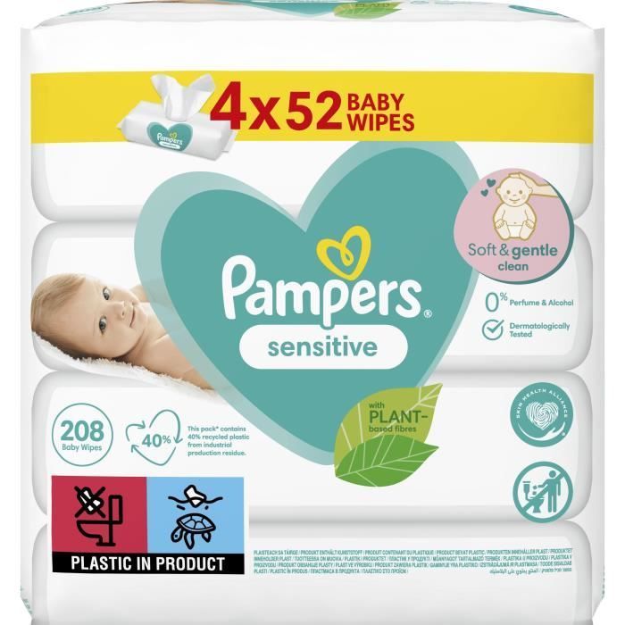 PAMPERS Lingettes bébé SENSITIVE - Lot de 4 x 52 lingettes - 208 lingettes