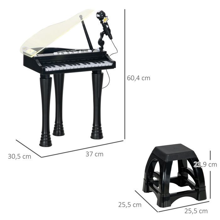 Piano electrónico infantil AIYAPLAY - 32 teclas multifuncionales, taburete pequeño, tapa con luz LED - Plástico - Negro