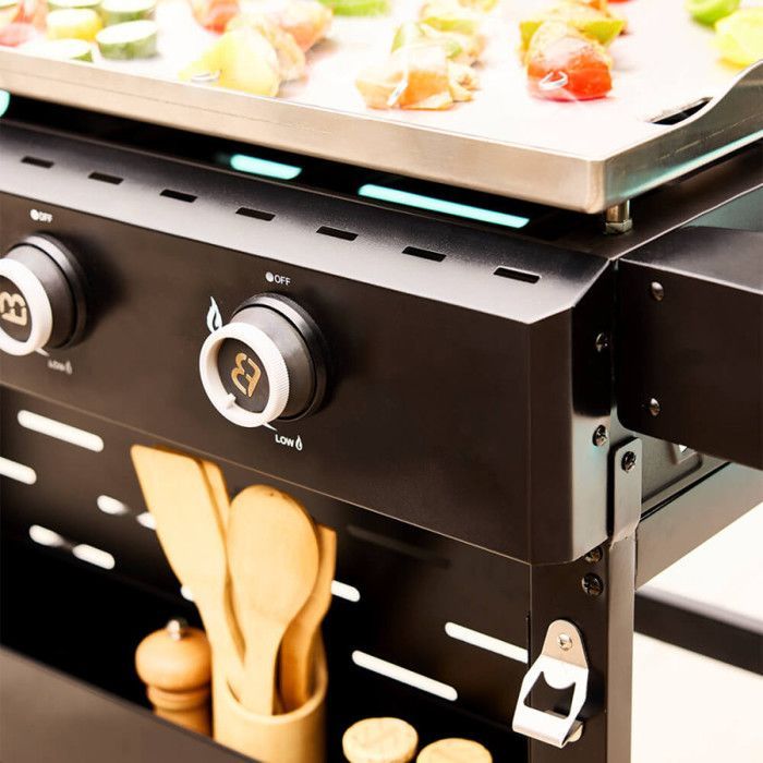 Plancha de gas Stellar 700 - BRASERO BY FAVEX - 3 quemadores 12 kW - Placa de acero inoxidable 69,5 x 44 cm - Para 12 personas - Tapa, carro incluido