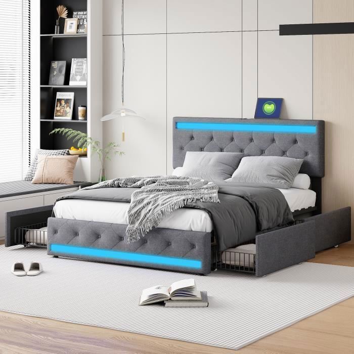 Cama doble 140x190 - PERGAR - Con espacio de almacenamiento - Luces LED - 4 cajones - Ropa de cama gris confortable