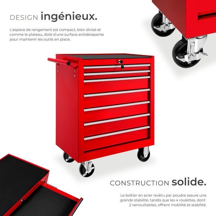 Carrello da officina - TECTAKE - Carrello da officina in acciaio con 7 cassetti, 69 x 33 x 79 cm - Rosso