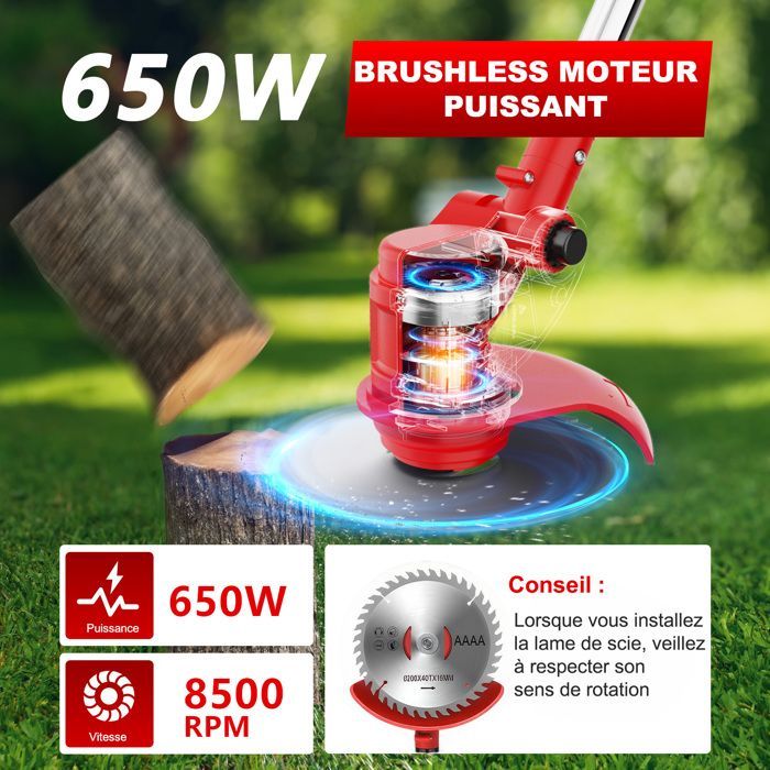 Débroussailleuse sans fil 21V - Coupe bordures avec Capot de protection, 2 batteries et chargeur pour Jardin, Léger et Facile