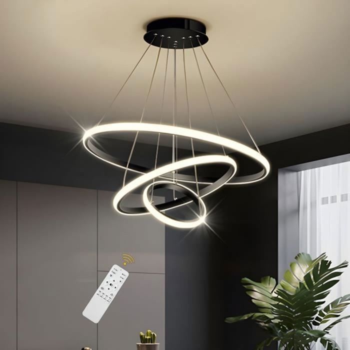 Lámpara colgante LED moderna DELIPOP, 3 anillos, negra, lámpara de techo regulable con mando a distancia para salón y comedor - Ø20+40+60cm