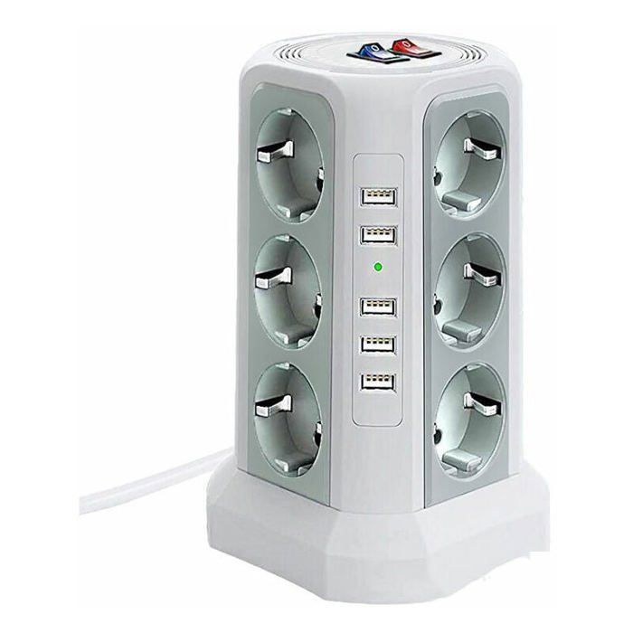 Overspenningsbeskyttet strømskinne med 5 USB-porter og 12 uttak, 2 brytere, hvit